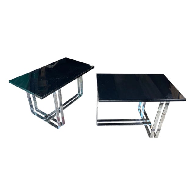 Pair of Vintage Chrome Banded Steel Donald Desky Inspired End Tables For Sale