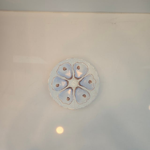 Antique European 6-Well Porcelain Oyster Plate, Lavender-Blue & Gold For Sale - Image 11 of 12
