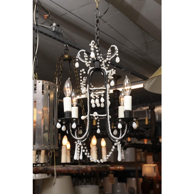 Petite 4-Light Iron & Opaline Glass Beaded Chandelier, 1940s Italy For Sale - Image 11 of 14