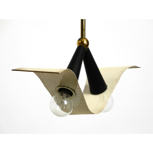 Beige Mid-Century Brass Ceiling Cone Lamp with Curved Perforated Sheet Lampshade, 1950s For Sale - Image 8 of 18