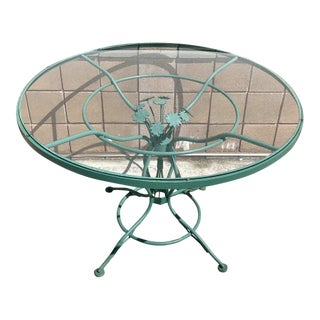 Mid Century Woodard & Sons Wrought Iron Daisy Flower Round Glass Top Patio Table For Sale