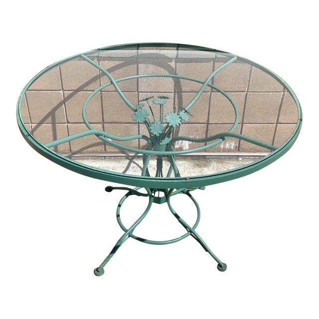 Mid Century Woodard & Sons Wrought Iron Daisy Flower Round Glass Top Patio Table For Sale