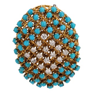 1960s Mid Century Turquoise Diamond 18k Yellow Gold Brooch For Sale