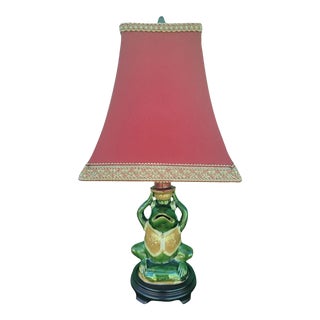 Vintage Ceramic Small Green Yellow Frog Table Lamp With Red Shade For Sale