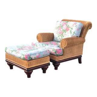 Henry Link Rolled Arm Wicker Armchair and Ottoman For Sale