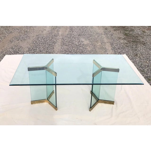 1970s Pace Collection Glass Dining Table With Double Pedestal Glass and Brass Base For Sale - Image 11 of 11