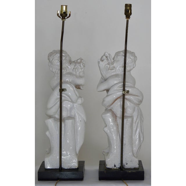 Black 20th Century Pair of White Glazed Terracotta Cherub Lamps on Wooden Bases For Sale - Image 8 of 10