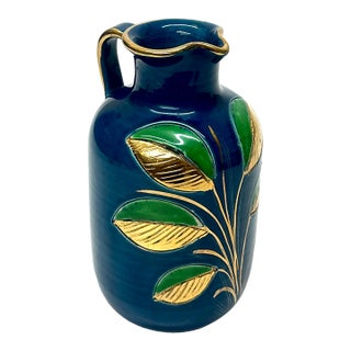 Mid 20th Century Stunning Blue Green & Gold Ceramic Pitcher With Leafy Motif by Aldo Bitossi for Rosenthal For Sale