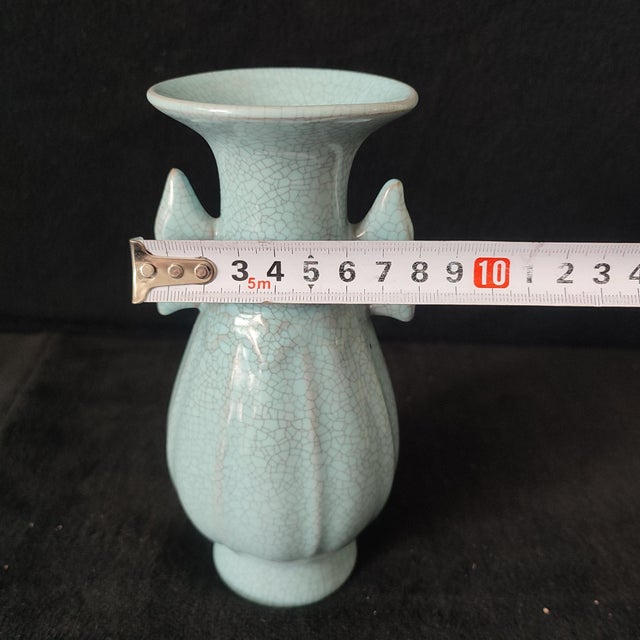 Chinese Ceramic Vase,Guan Ware Crackle Glaze Celadon Porcelain Double Ears Vase For Sale - Image 9 of 9