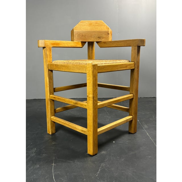 Postmodern Brutalist Dutch Oak Corner Chair with Rush Seat, 1970s For Sale - Image 12 of 18