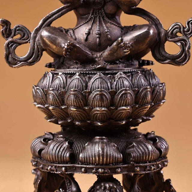 Vintage Tibetan Gilded & Silvered Bronze Vajra Censer, High Relief Carving, Lotus Base With Guardian Supports, Chinoiserie Buddhist Incense Burner For Sale - Image 10 of 10