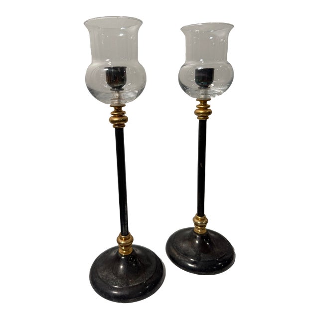 Vintage Italian Brass and Silver Plate Hurricane Candlestick Holders For Sale
