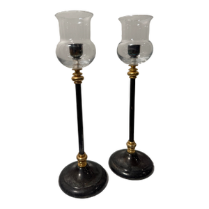 Vintage Italian Brass and Silver Plate Hurricane Candlestick Holders