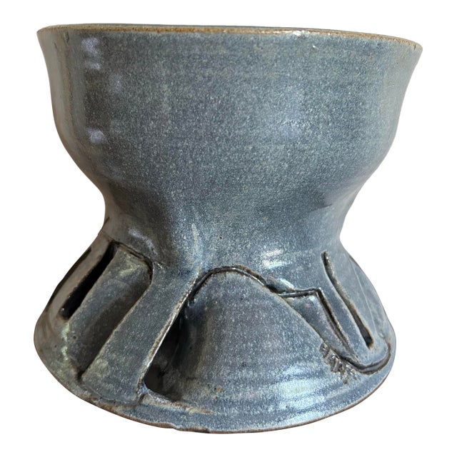 1970’s Modernist Glazed Pottery Planter Slate Blue ~ Artisan Made For Sale