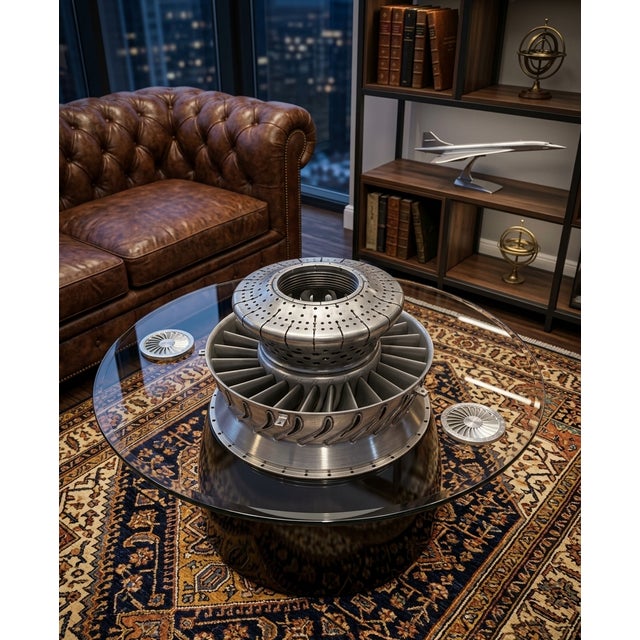 This exquisite coffee table is a harmonious fusion of a centered jet turbine and a meticulously crafted glass piece. Its...