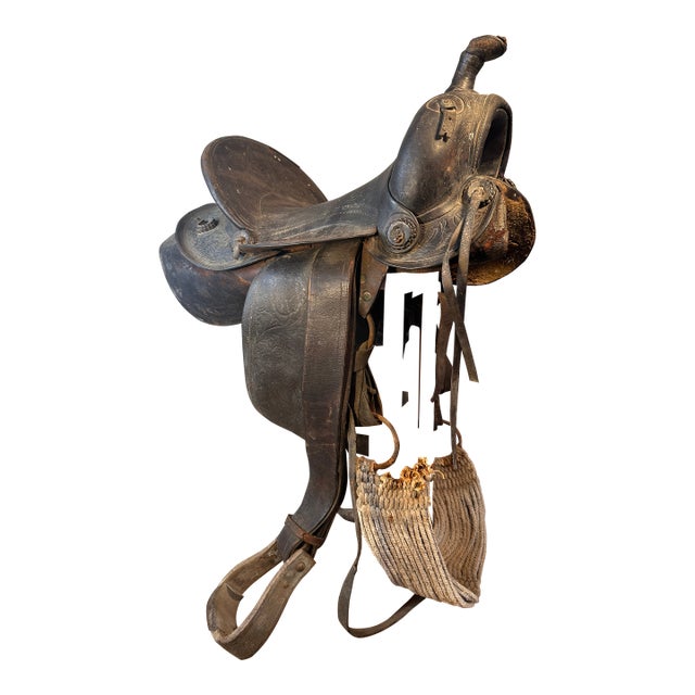 Vintage Western Horse Saddle Leather Tooled Floral Design 14" Seat "Blain" Marked For Sale