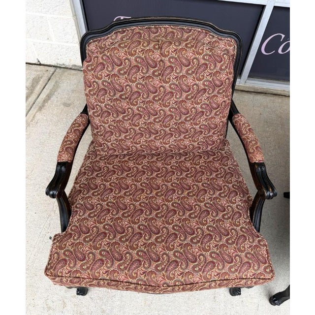 Red Pair of Fairfield Paisley Fauteuil Chairs With Ottoman For Sale - Image 8 of 18