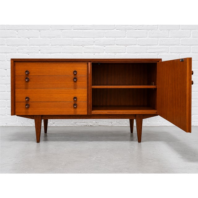 Mid-Century Modern Compact Mid Century Modern Teak Cabinet | Petite Danish Modern Small Credenza | Apartment Size Tv Stand, C. 1960’s For Sale - Image 3 of 16