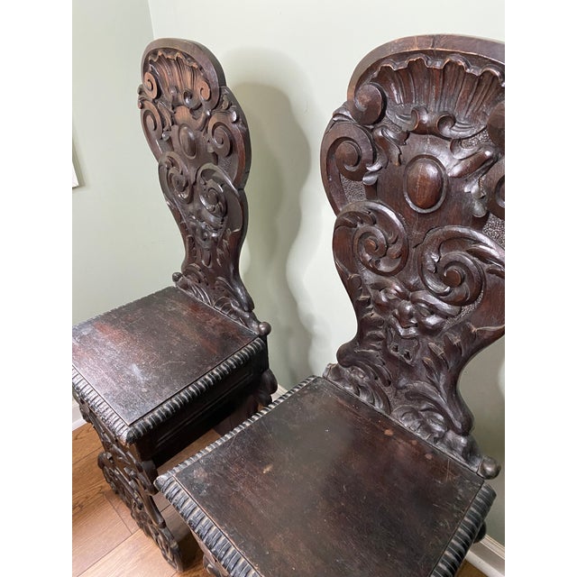 Pair of 19th-Century Italian Renaissance Revival Carved Walnut Sgabelli Chairs For Sale - Image 12 of 12