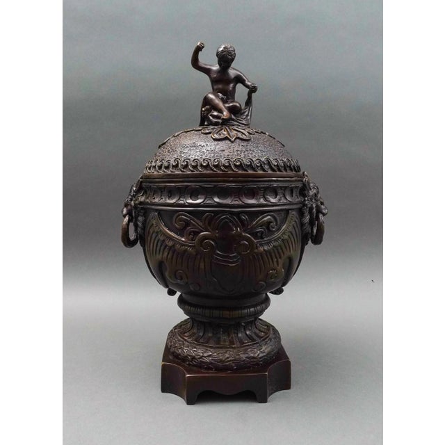Mid 20th Century Maitland Smith Vintage Bronze Cherub Lidded Large Urn Compote Lion Handles For Sale - Image 11 of 11