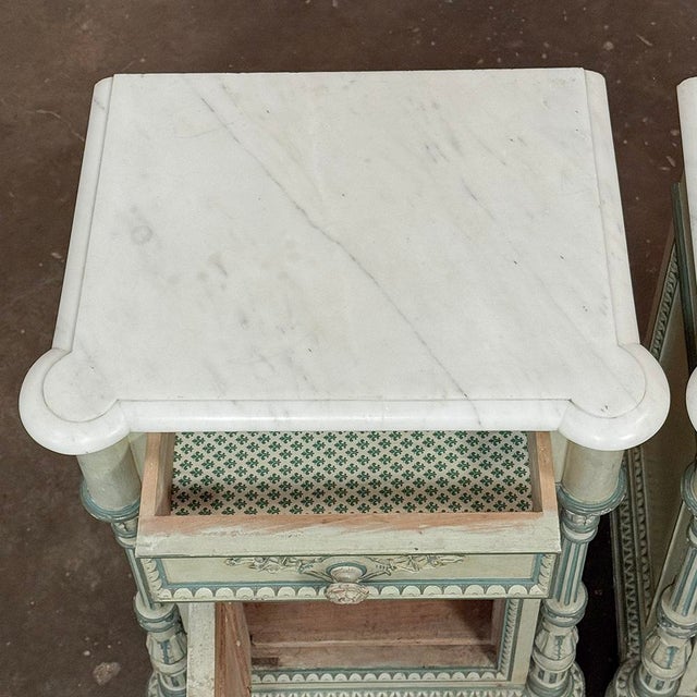Pair 19th Century French Louis XVI Painted Nightstands With Carrara Marble For Sale - Image 16 of 18