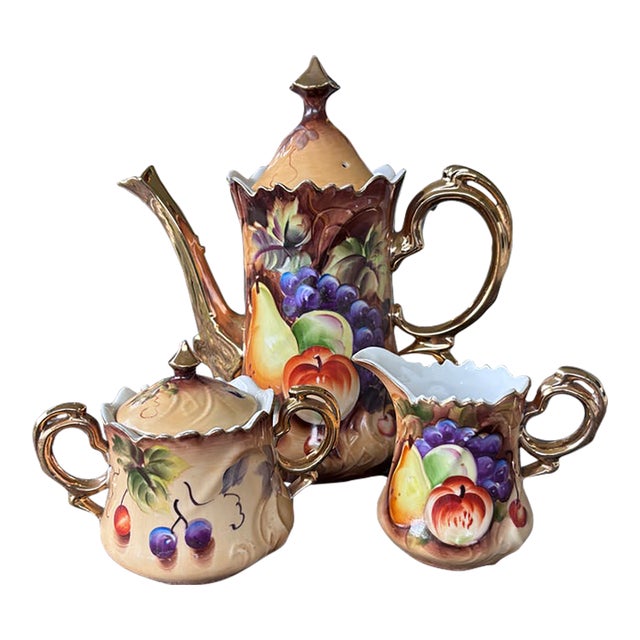Lefton China Heritage Brown Handpaiinted Fruit Tea Set For Sale