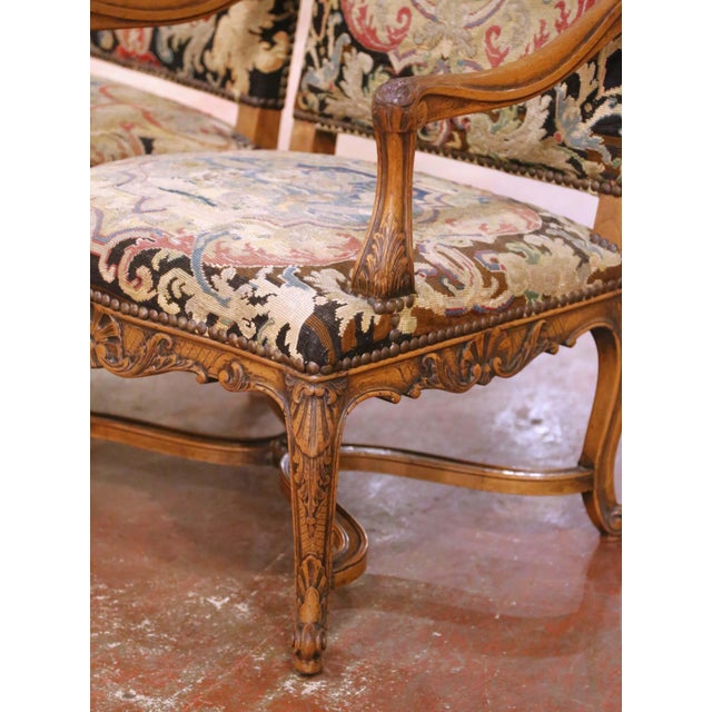 French Pair of 19th Century French Louis XV Armchairs With Needlepoint Upholstery For Sale - Image 3 of 12