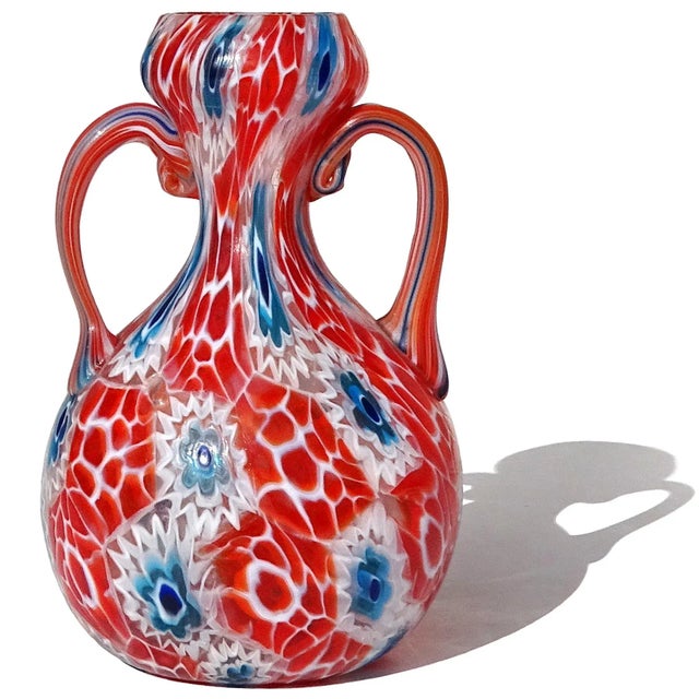 Beautiful antique Murano hand blown millefiori flower mosaic Italian art glass decorative double handle cabinet vase....