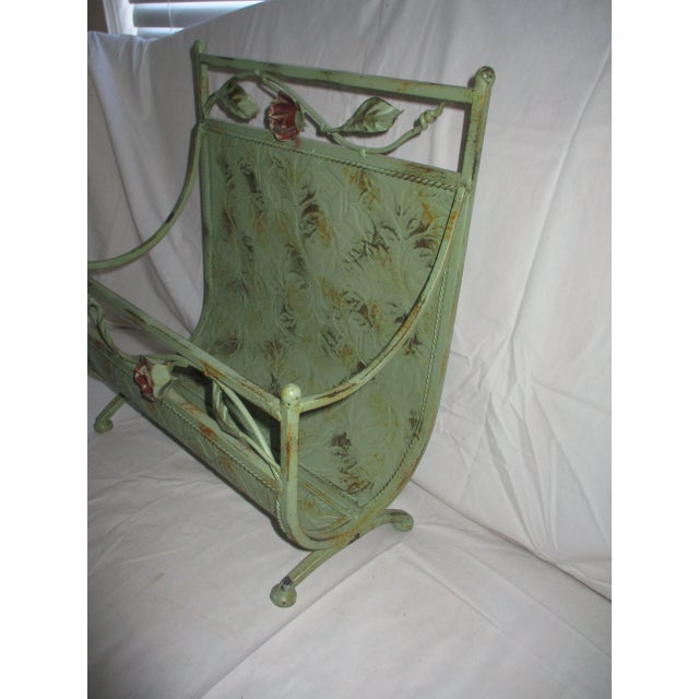 French Country 1960s Vintage French Country Romantic Green Metal With Roses Magazine Rack For Sale - Image 3 of 8