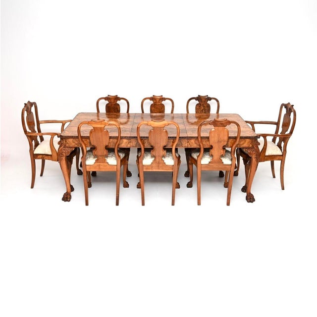 Vintage Queen Anne Style Dining Table and Chairs in Burr Walnut, 1920, Set of 9 For Sale - Image 11 of 11