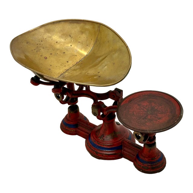 Nice Antique American Victorian Cast Iron & Brass Small Size Kitchen Scale With Excellent Original Red & Blue Paint For Sale