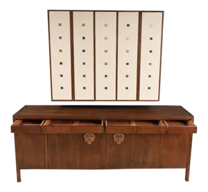 Bert England Walnut, White and Brass Sideboard With Floating Wall Cabinet