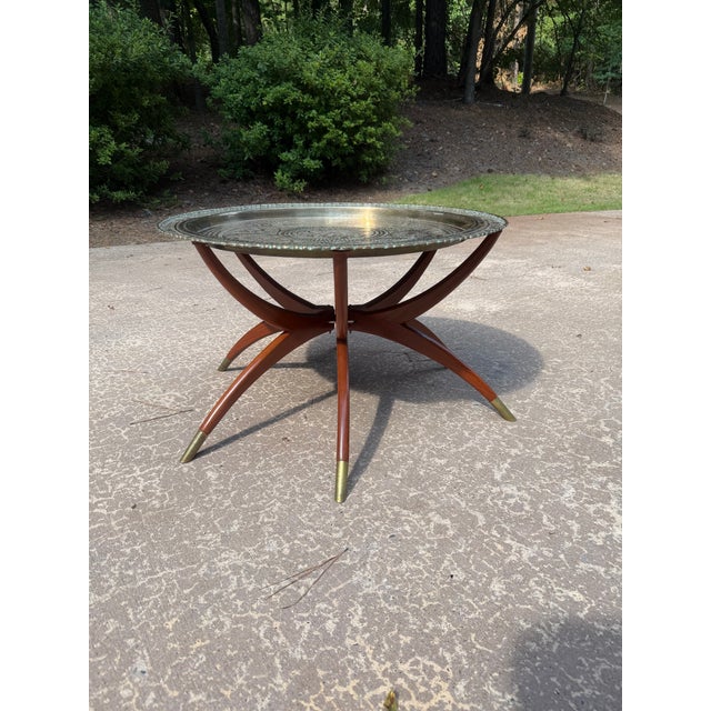 Midcentury Modern Brass Tray table with Folding Walnut Spider Leg Base with Brass tips. Made in Hong Kong.