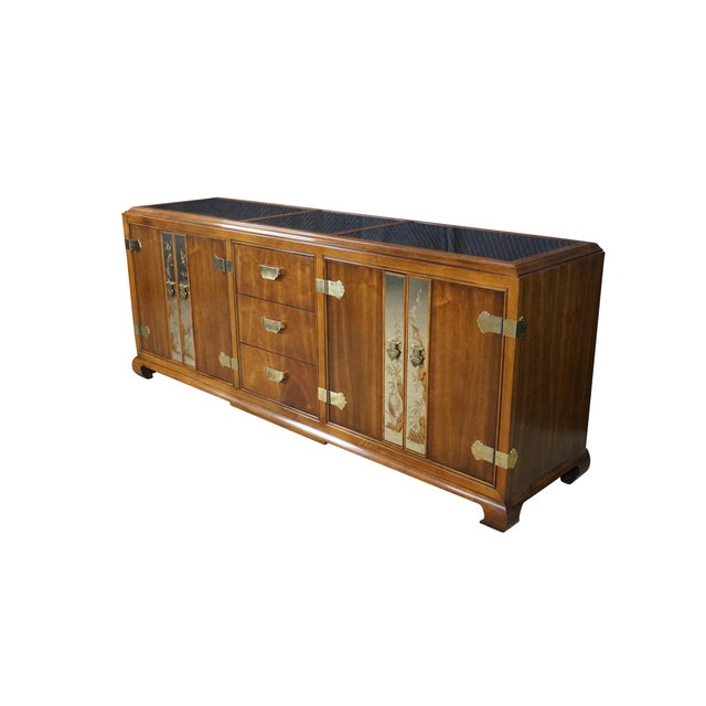 This mid-century Chinoiserie walnut sideboard by Fancher Furniture blends elegant Asian-inspired motifs with high-quality...