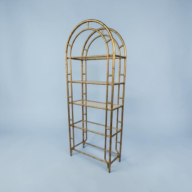 Vintage Gilt Metal Faux Bamboo Curio Display with 5 Glass Shelves In very good original condition showing some typical age...