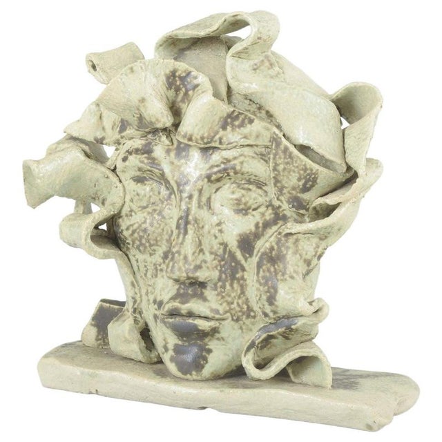 1980s Stoneware Head Sculpture with Light and Brown Glaze from MH, 1980s For Sale - Image 5 of 5