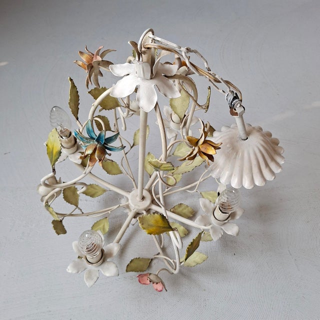 Metal French Toleware Floral Chandelier, 1960s For Sale - Image 7 of 9