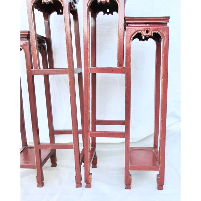 Chinese Red Lacquer Tall Plant Tables - A Pair of 2 For Sale - Image 4 of 17