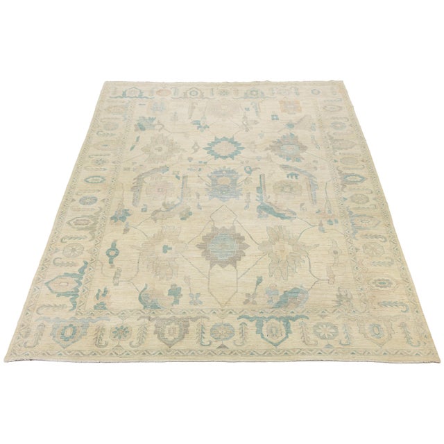 2020s Modern Oushak Style Hand-Knotted Wool Area Rug in Neutral Beige & Soft Teal For Sale - Image 5 of 12