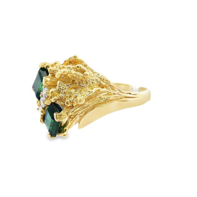 Green 1980s Textured 18k Yellow Gold Green Tourmaline & Diamond Ring, Size 8.75 For Sale - Image 8 of 10