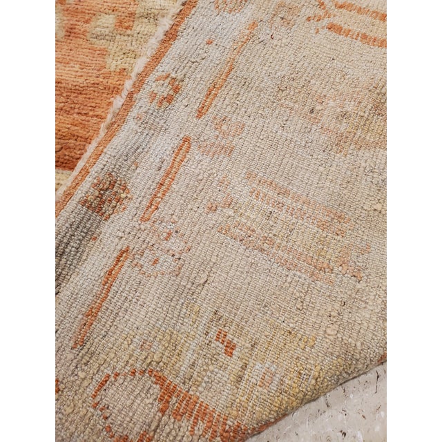 Traditional Antique Oushak Carpet, Handmade Oriental Rug, Coral Field, Gold, Ivory Border For Sale - Image 3 of 11