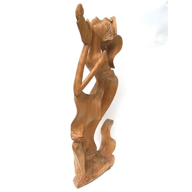 Chestnut Vintage Modernist Figural Tropical Wood Carving Woman Prayer Offering Bali Circa.1950 For Sale - Image 8 of 10