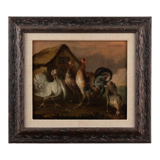 19th Century Small Original Oil on Canvas Painting of Barnyard Hens and Rooster, Portugal For Sale