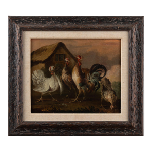 19th Century Small Original Oil on Canvas Painting of Barnyard Hens and Rooster, Portugal