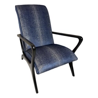 Blue With Silver Detail Chair With Matching Ottoman For Sale