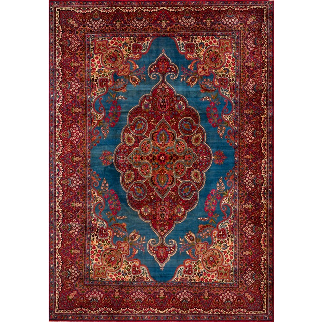 Fantastic Vintage Persian Kerman Rug with Sapphire Field and Crimson Medallion, Country of Origin: Persia, Circa Date:...