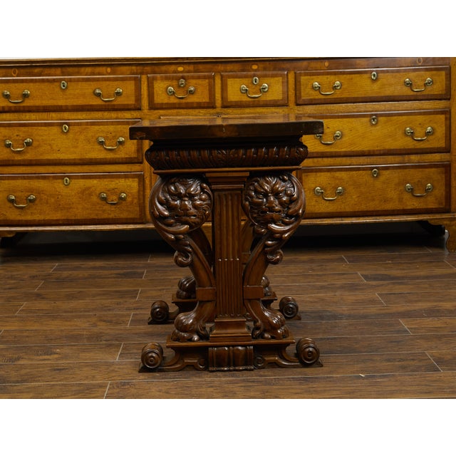 Italian 1800s Walnut Side Table with Lion Motifs and Richly Carved Trestle Base For Sale - Image 10 of 11