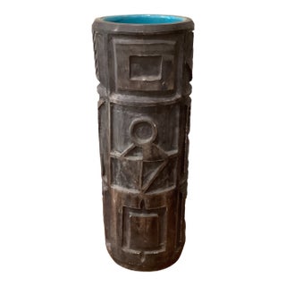 Rare Mid Century Modern Art Pottery Numbered Cylindrical Vase W/Hand Carved Geometric Disign by R. M. Italy For Sale