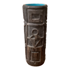 Rare Mid Century Modern Art Pottery Numbered Cylindrical Vase W/Hand Carved Geometric Disign by R. M. Italy