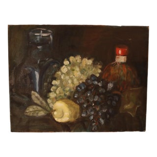 Vintage Flemish Chiaroscuro Style Still Life Depicting Fruit and Bottles, Oil on Canvas For Sale